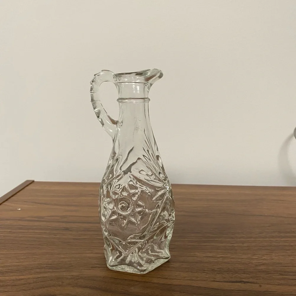 Vintage Clear‎ Pressed Glass Cruet Starburst Pattern Oil and Vinegar Bottle